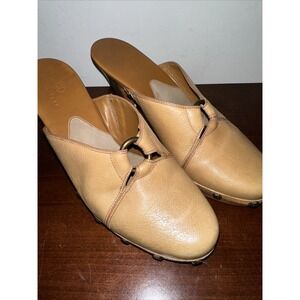 Cole Haan Kenna Clog Tan Leather‎ Slides Wedge Heel Platform Mules Womens Sz 8B
